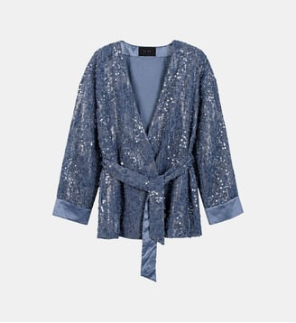 Veste kimono oversize brodée sequins - Ikks - Bleu