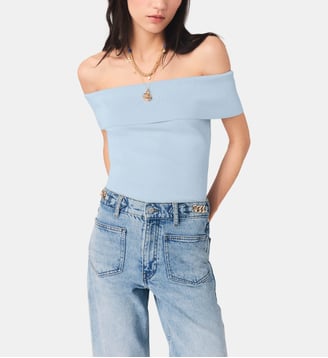 Top col bardot en maille cotelée - Maje - Bleu ciel