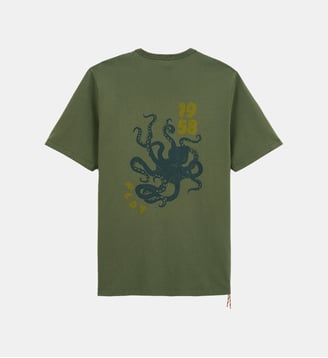 T- shirt col rond en coton imprimé dos pieuvre - Serge Blanco - Kaki