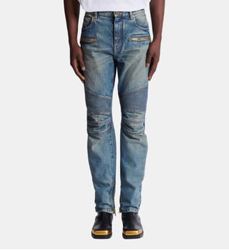 Pantalon biker en denim vintage - Balmain - Blue