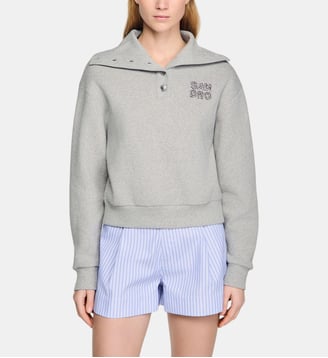 Sweatshirt brodé à col vareuse - Sandro - Gris