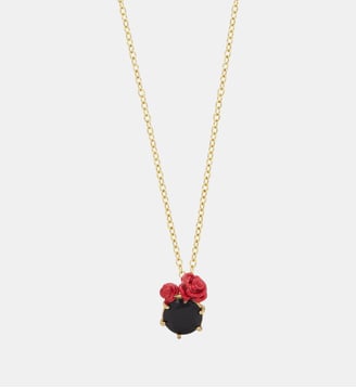 Collier pendentif pierre ronde facettée noire et roses rouges - Les Néréides - Noir