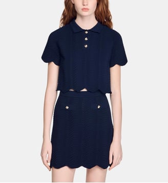 Pull en maille fantaisie à col polo - Sandro - Marine