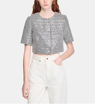 Veste courte en tweed pied-de-poule - Sandro - Noir et blanc