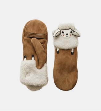 Moufle dame cuir agneau double face avec dessin de mouton - Agnelle - Chestnut
