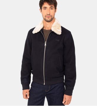 Blouson pilote avec col imitation fausse fourrure amovible - Schott - Bleu marine