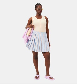 Jupe courte plissée rayée popeline - Lacoste - Bleu clair, rose, blanc et noir