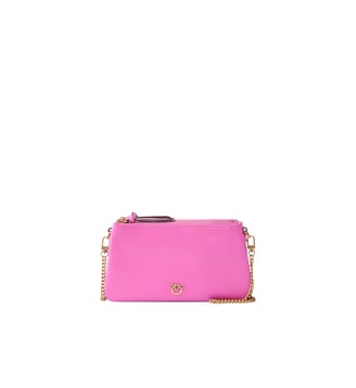 Petit sac à bandoulière mini double bag en cuir - Pinko - Rose flogo doré antique
