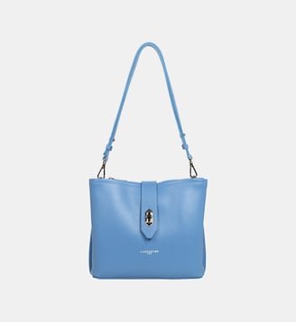 Sac seau Top Double en cuir - Lancaster - Bleu santorin, in et argent