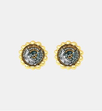 Boucles d'oreilles tige percée Angèle rond brodé  - Angele - Satellite - Bleu turquoise