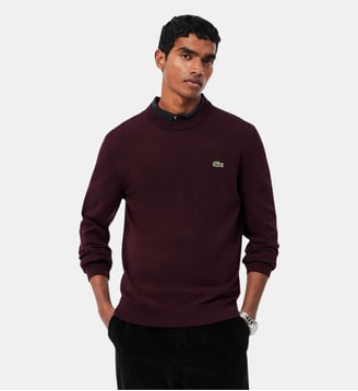 Pull coton uni col rond - Lacoste - Marron oxalis