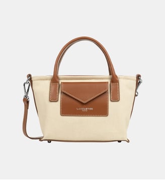 Sac cabas mini en coton et cuir - Lancaster - Écru et camel