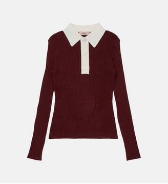 Pull en maille côtelée avec col col contrastant - N°21 - Bordeaux