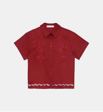 Chemisier manches courtes col chemise imprimé broderie CATHY - La Petite Etoile - Tomette