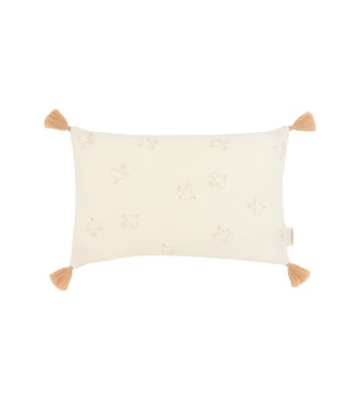 Coussin rectangulaire avec pompons en double gaze de coton lavé Wabi-Sabi - Nobodinoz - Oiseaux hoshi marrons