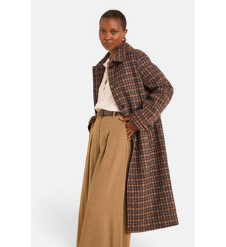 Manteau Long En Laine Mélangée À Carreaux Constant - Maison 123 - Tabac
