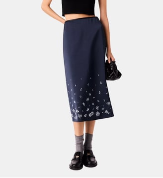 Jupe midi en satin brodée - Maje - Marine