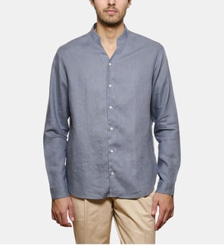 Chemise col chef en lin bleu gris coupe droite - Atelier Privé - Bleu