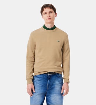 Pull coton uni col rond - Lacoste - Marron cookie