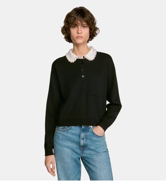 Pull col polo orné de perles - Sandro - Noir