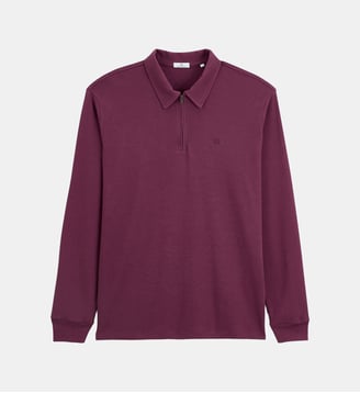 Polo zippé manches longues en coton interlock - Serge Blanco - Rouge bordeaux