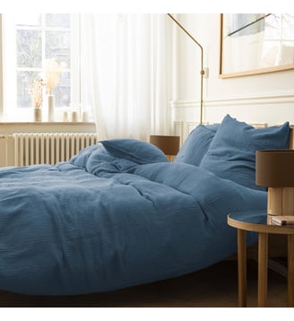 Housse de couette en gaze de coton, SIMPLEMENT GAUFRÉ - Blanc Cerise - Bleu orage