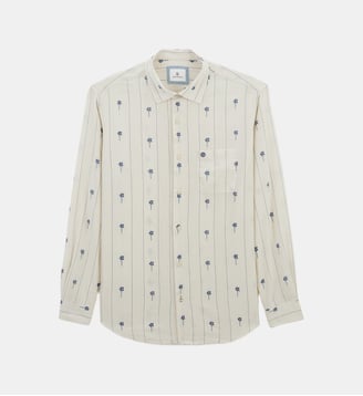 Chemise manches longues en coton jacquard avec fleurs brodées - Serge Blanco - Blanc