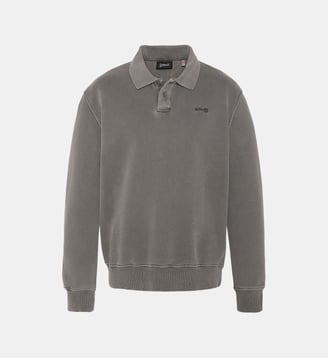 Sweatshirt col polo bleu, effet délavé - Schott - Charbon