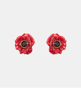 Boucles d'oreilles tiges coquelicot rouge et cristal noir - Les Néréides - Rouge