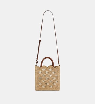 Petit sac tote en raphia naturel avec disques 1969 signature Rabanne