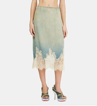 Jupe à demi-longueur en denim et dentelle - Diesel - Bleu clair