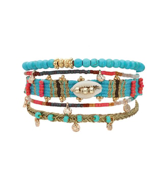 Bracelet manchette mulitliens avec perles en laiton doré COZUMEL - Hipanema - Bleu turquoise