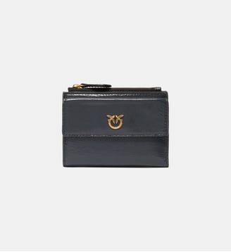 Petit portefeuille compact en cuir brillant à logo - Pinko - Gris et doré