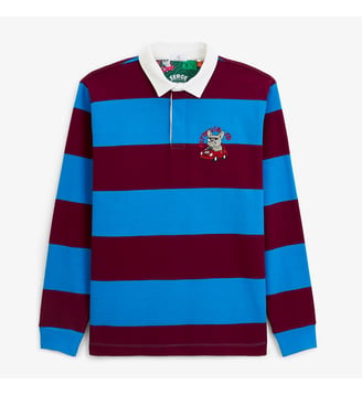 Polo de rugby manches longues rayé broderie Funky Animals - Serge Blanco - Rouge bordeaux