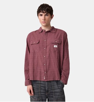 Chemise Boxy Cropped Garment Dye en coton signature - Guess Jeans - Rouge pale