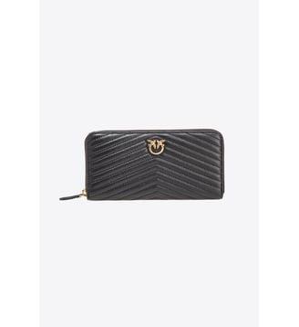 Portefeuille à contour zippé en cuir nappa à chevrons - Pinko - Noir et doré