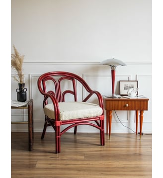 Fauteuil en rotin rouge Ernest N°520- Produit chiné - Debongout - Rouge