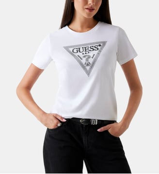 T-shirt droit en coton avec imprimé - Guess - Écru
