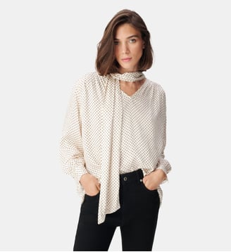 Blouse fluide motif pois col lavallière - Ikks - Blanc