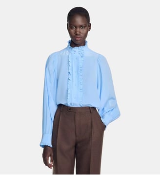 Chemise en soie à col froncé - Sandro - Bleu ciel