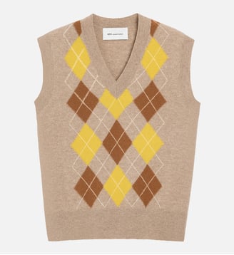 Pull Col V Sans Manches Avec Intarsia Argyle en Laine unisexe - AMI Paris - Taupe beige, caramel et jaune