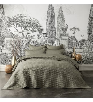 Couvre-lit matelassé uni en satin de coton bio, POESIE - Alexandre Turpault - Vert kaki