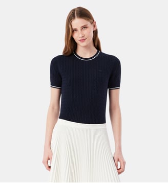 Pull manches courtes maille torsadée - Lacoste - Bleu marine