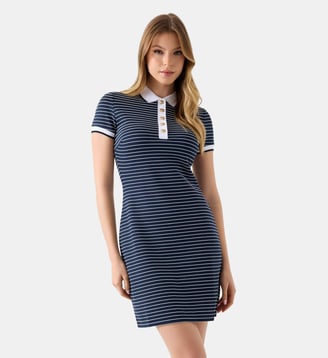 Robe polo courte  marinière boutons bijoux signature  - Guess - Bleu marine et blanc
