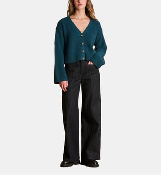 Gilet court en côtes perlées - La Fée Maraboutée - Bleu pétrole
