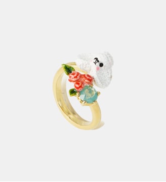 Bague ajustable caniche, fleurs roses et pierre bleue - Les Néréides - Multicolore