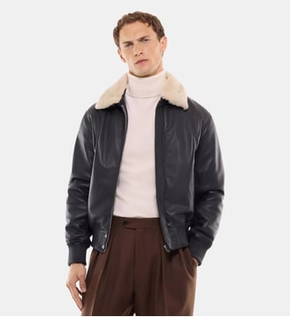 Blouson en cuir d'agneau à col mouton - Fursac - Noir