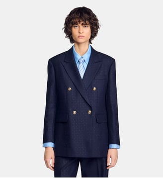 Veste de tailleur strassée en laine - Sandro - Marine