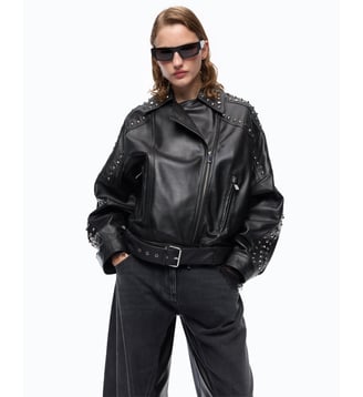 Blouson de motard en cuir nappa clouté - Pinko - Limousine noire
