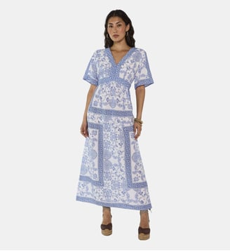 Robe Imprimée À Manches Courtes En Coton Mélangé Prunelle - Maison 123 - Bleu roi